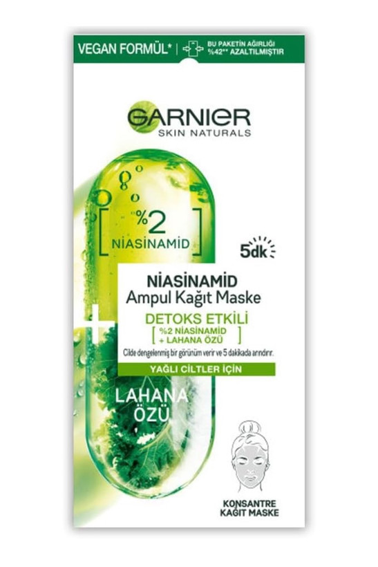 ماسک صورت نقابی گارنیر با ترکیب ۲٪ نیاسینامید و عصاره کلم کیل دتوکس DETOX